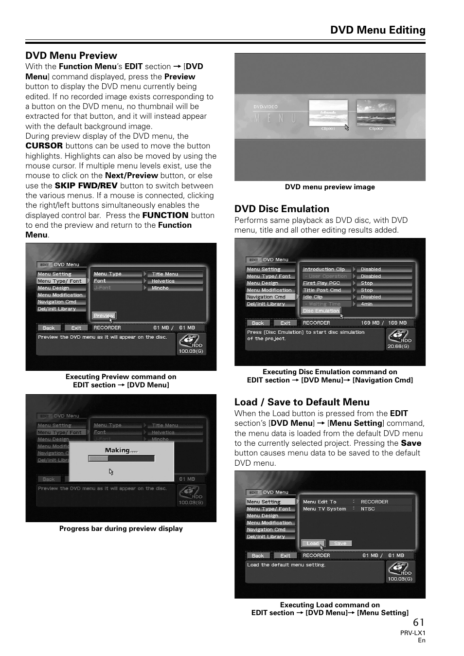 Dvd menu editing, Dvd menu preview, Dvd disc emulation | Load / save to default menu | Univex PRV-LX1 User Manual | Page 61 / 104