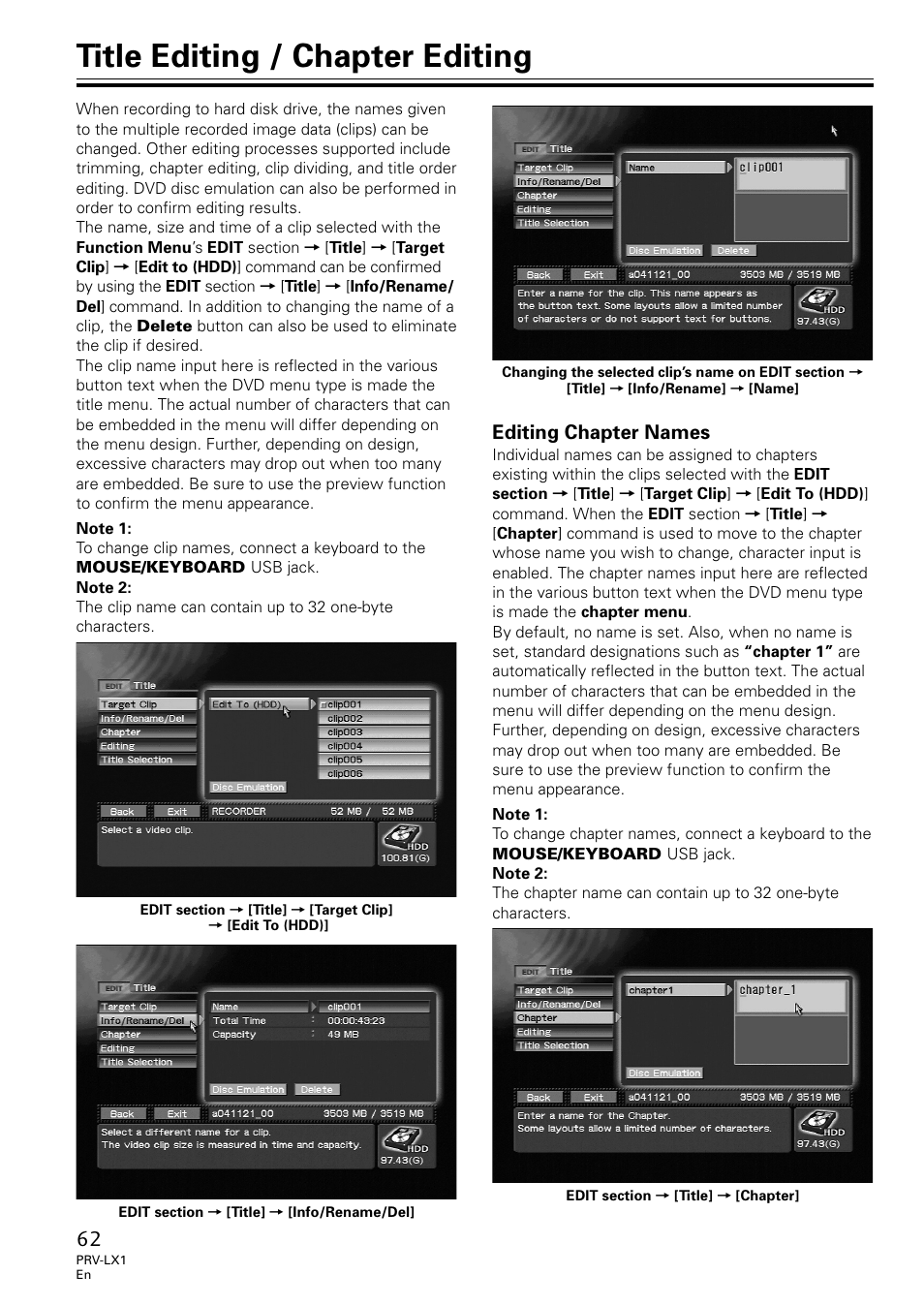 Title editing / chapter editing, Editing chapter names | Univex PRV-LX1 User Manual | Page 62 / 104