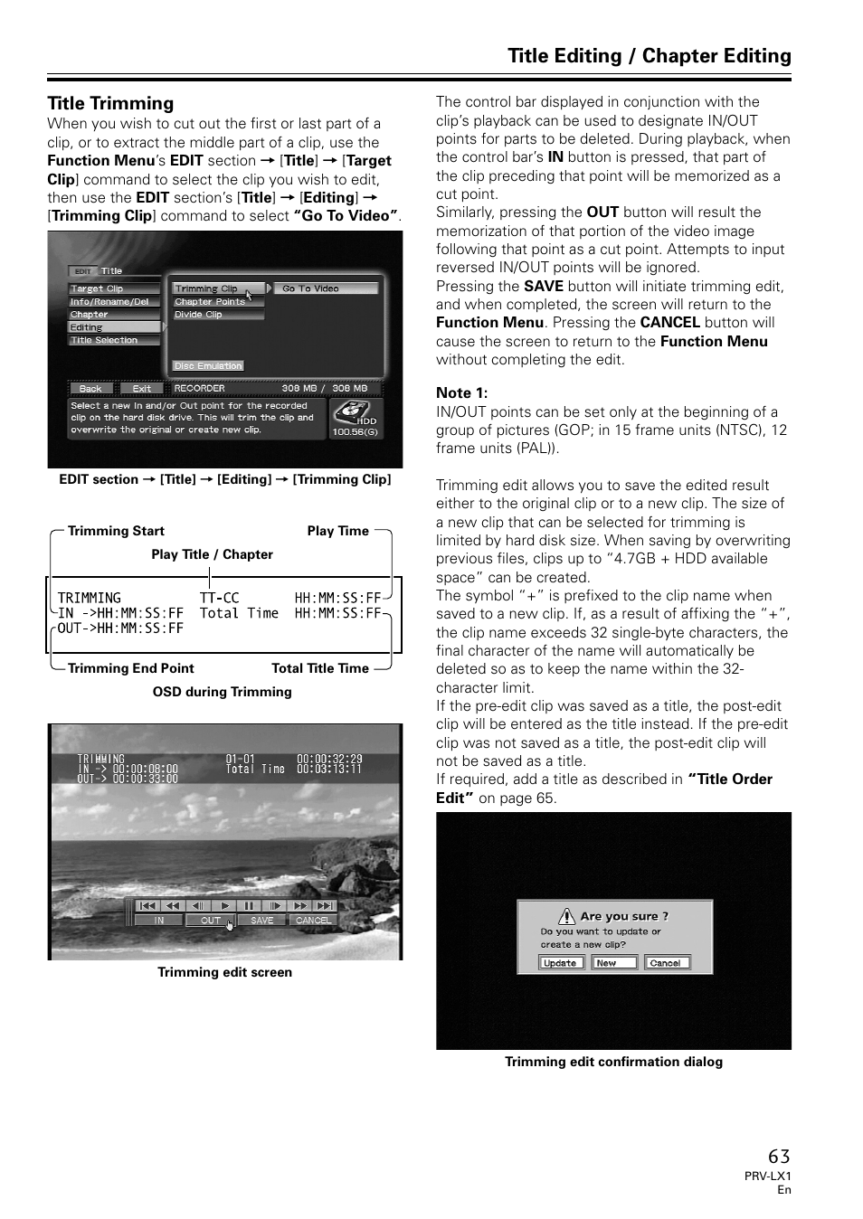 Title trimming, Title editing / chapter editing | Univex PRV-LX1 User Manual | Page 63 / 104