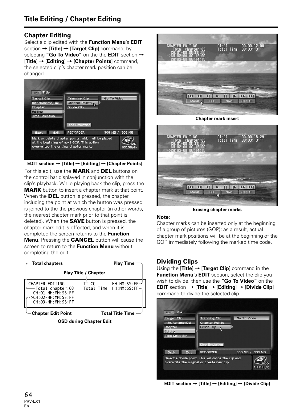 Chapter editing dividing clips, Title editing / chapter editing, Chapter editing | Dividing clips | Univex PRV-LX1 User Manual | Page 64 / 104