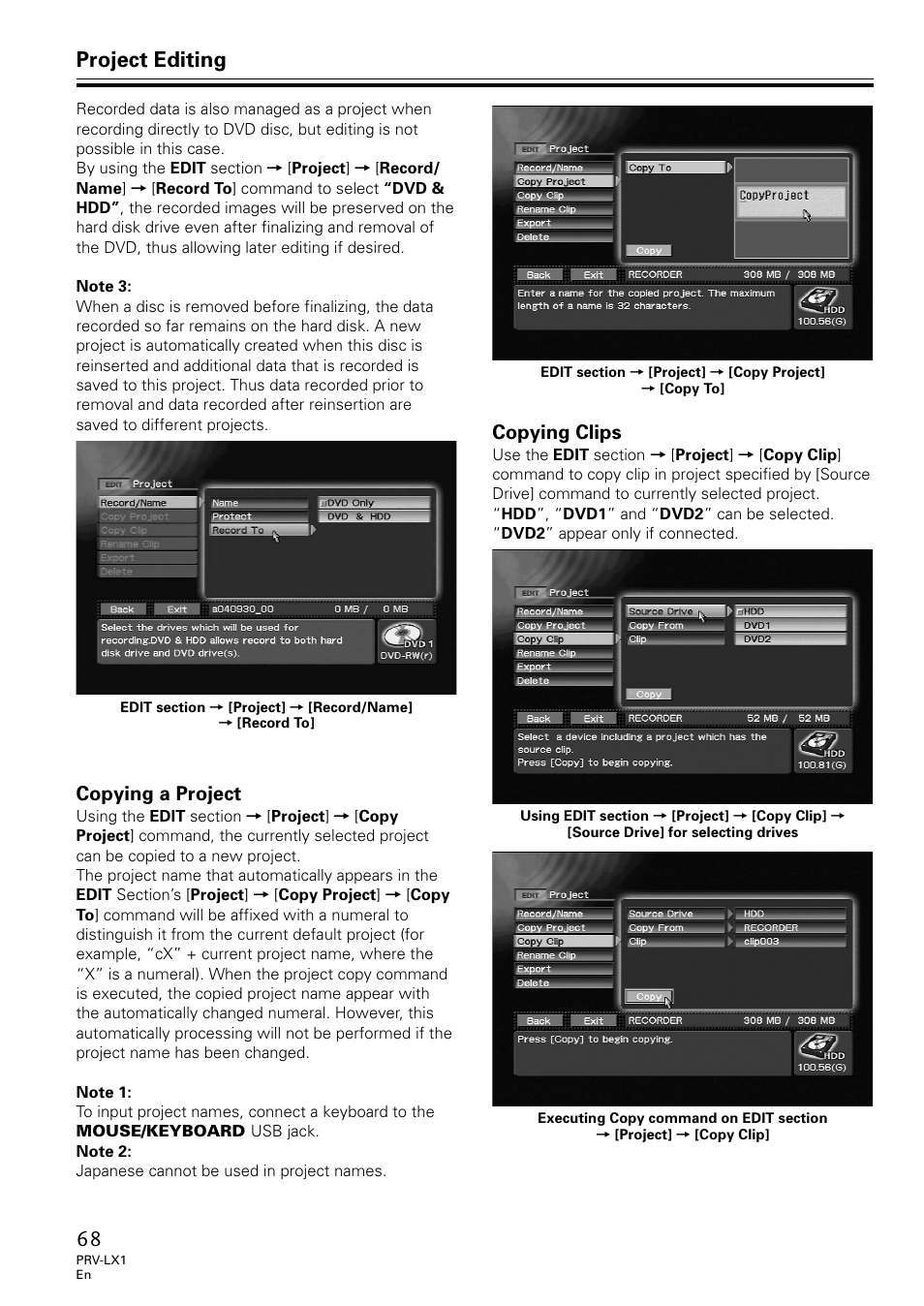 Copying a project copying clips, Project editing, Copying a project | Copying clips | Univex PRV-LX1 User Manual | Page 68 / 104