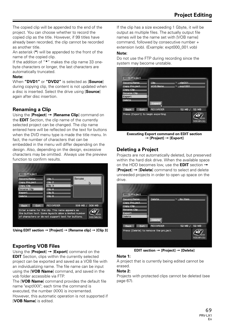 Project editing, Deleting a project, Renaming a clip | Exporting vob files | Univex PRV-LX1 User Manual | Page 69 / 104