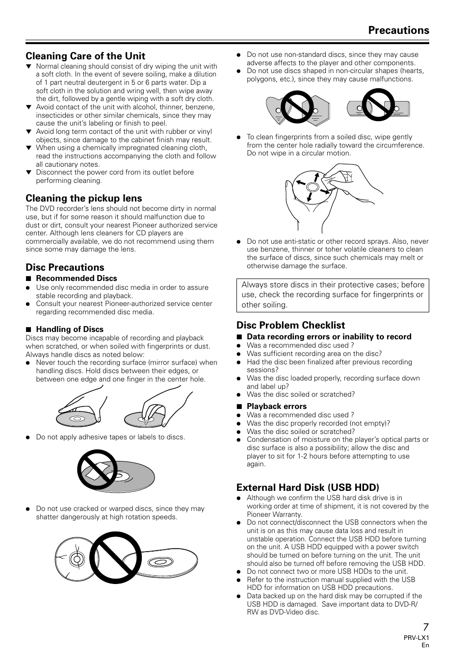 Precautions, Cleaning care of the unit, Cleaning the pickup lens | Disc precautions, Disc problem checklist, External hard disk (usb hdd) | Univex PRV-LX1 User Manual | Page 7 / 104