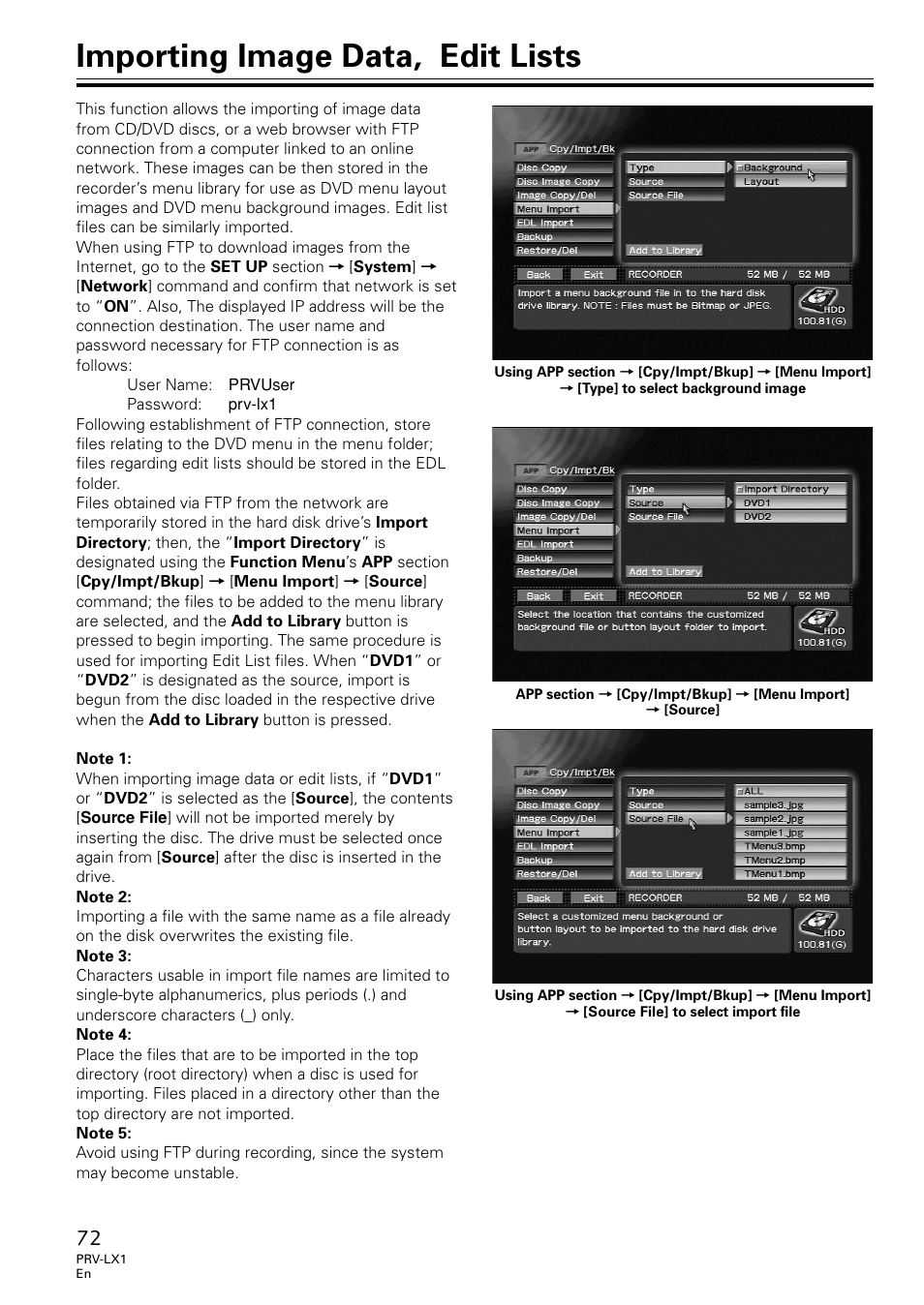 Importing image data, edit lists | Univex PRV-LX1 User Manual | Page 72 / 104