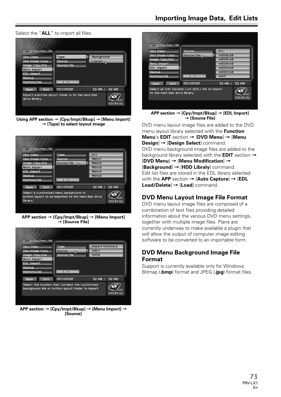 Dvd menu layout, Image file format, Dvd menu background | Importing image data, edit lists, Dvd menu layout image file format, Dvd menu background image file format | Univex PRV-LX1 User Manual | Page 73 / 104