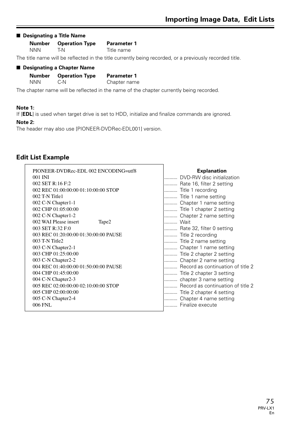 Edit list example, Importing image data, edit lists | Univex PRV-LX1 User Manual | Page 75 / 104