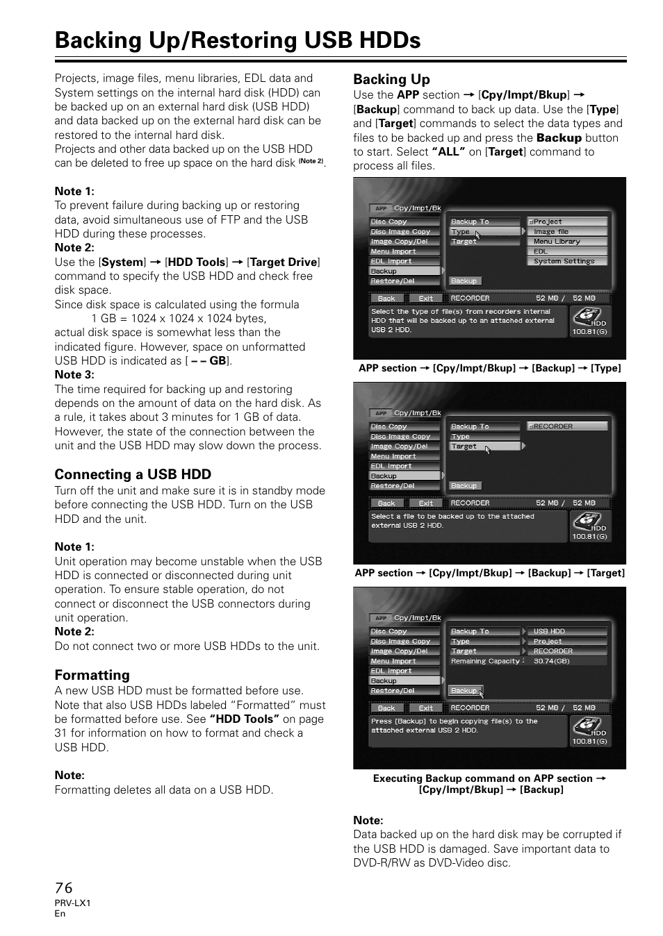 Backing up/restoring usb hdds, Connecting a usb hdd formatting backing up, Connecting a usb hdd | Formatting, Backing up | Univex PRV-LX1 User Manual | Page 76 / 104