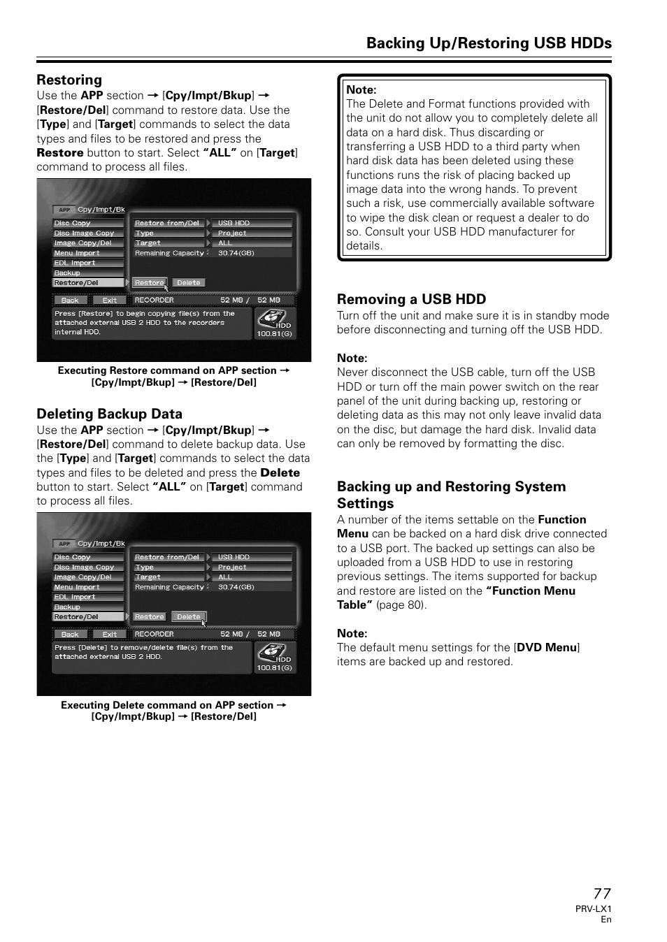 Backing up/restoring usb hdds, Restoring, Deleting backup data | Removing a usb hdd, Backing up and restoring system settings | Univex PRV-LX1 User Manual | Page 77 / 104