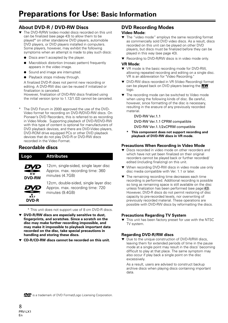 Preparations for use: basic information, Preparations for use, Basic information | About dvd-r / dvd-rw discs, Recordable discs, Dvd recording modes | Univex PRV-LX1 User Manual | Page 8 / 104