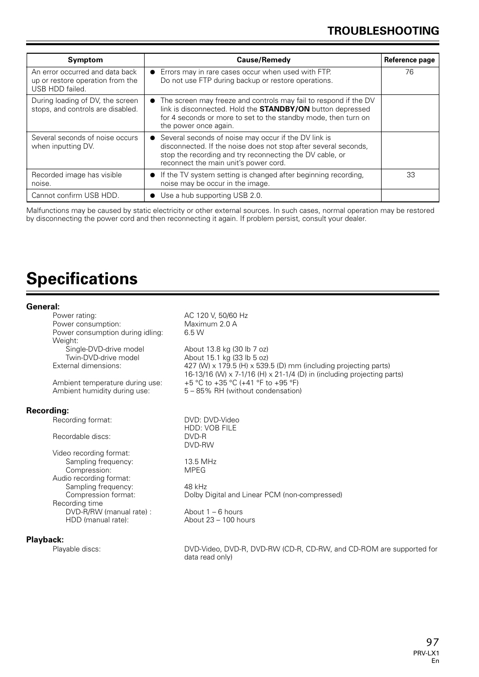 Specifications, Troubleshooting | Univex PRV-LX1 User Manual | Page 97 / 104