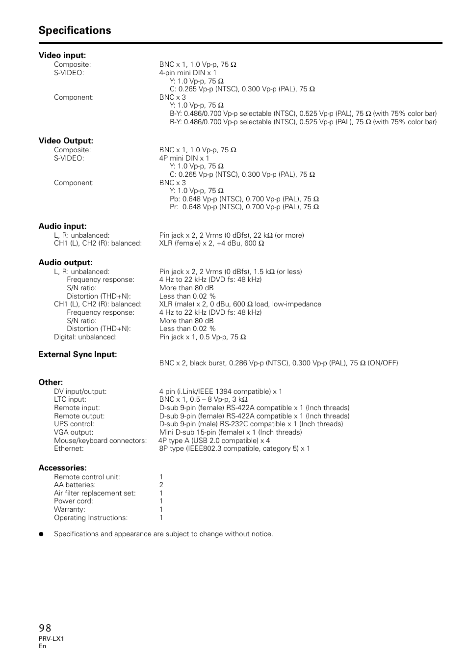 Specifications | Univex PRV-LX1 User Manual | Page 98 / 104