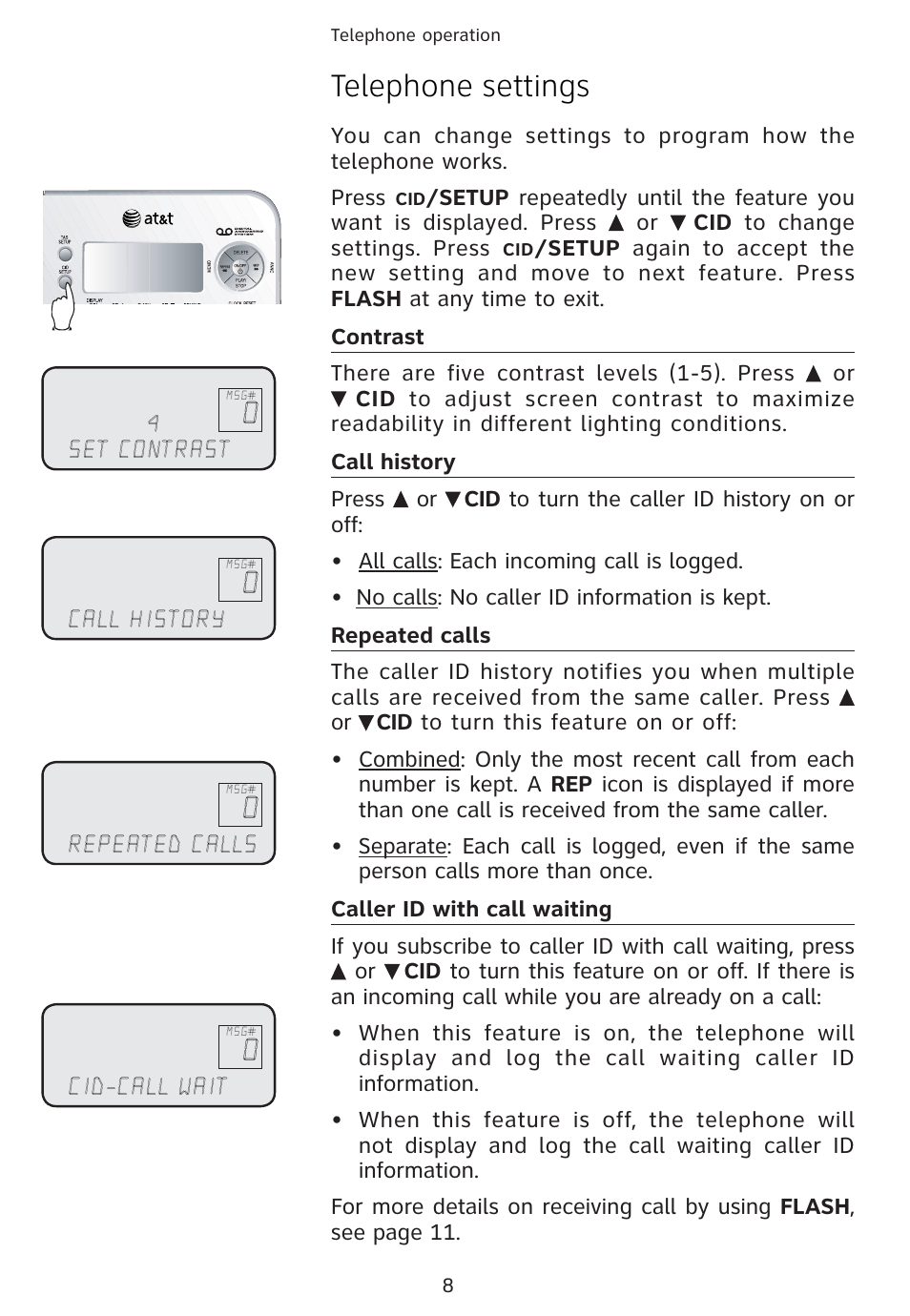 Telephone settings | Univex 1856 User Manual | Page 11 / 50