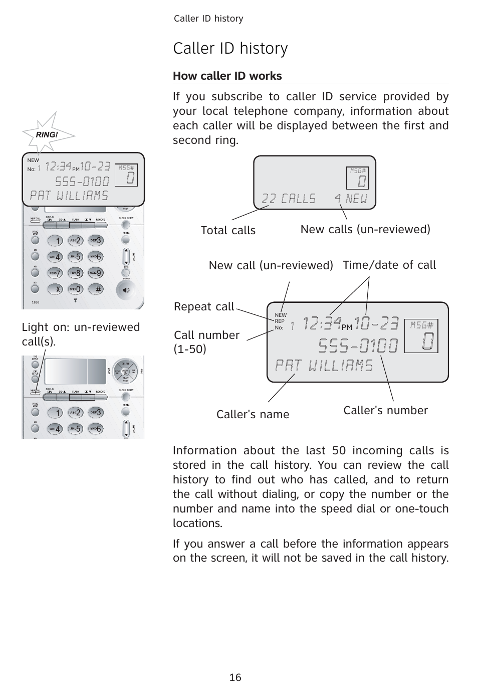 Caller id history | Univex 1856 User Manual | Page 19 / 50