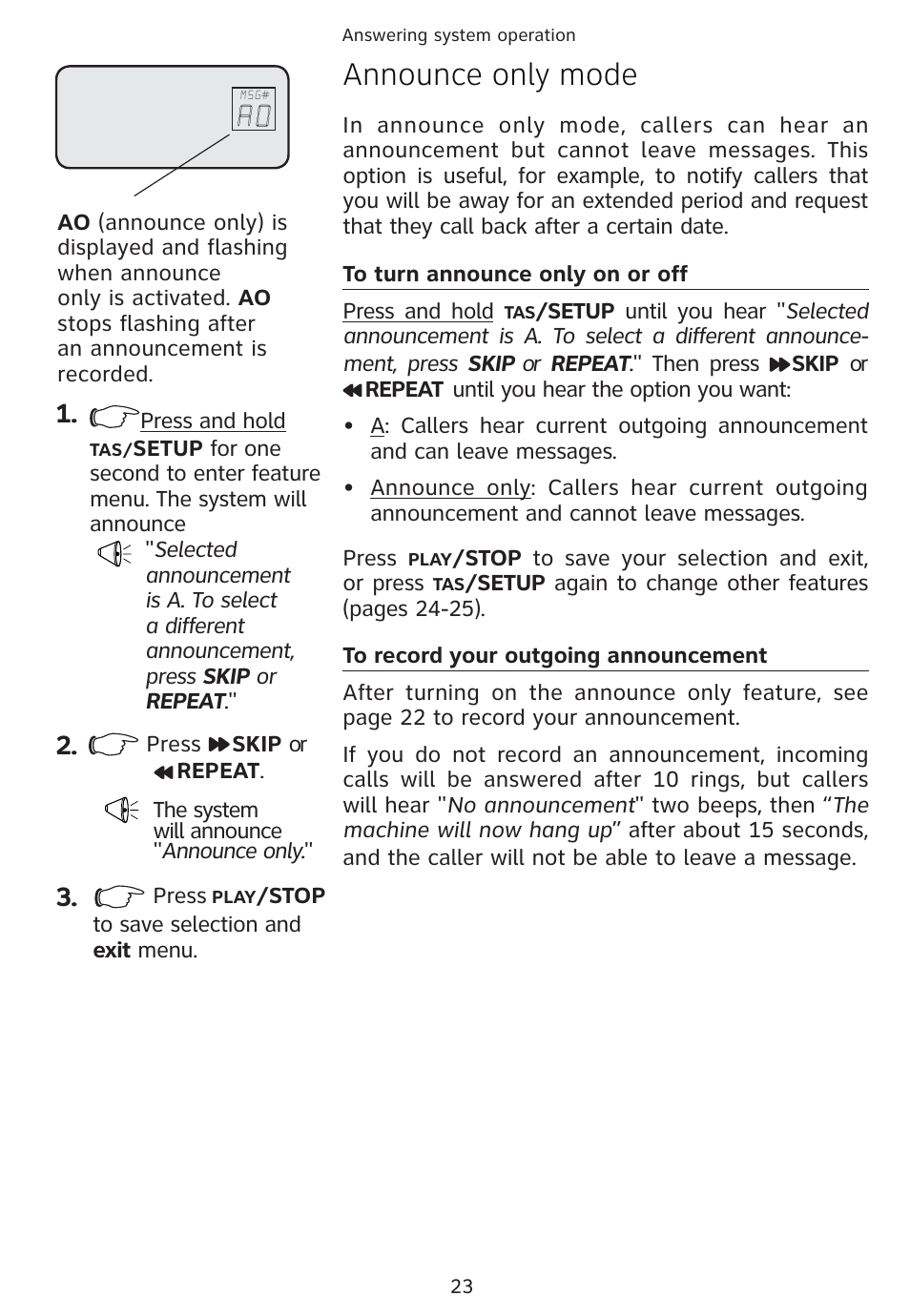 Announce only mode | Univex 1856 User Manual | Page 26 / 50