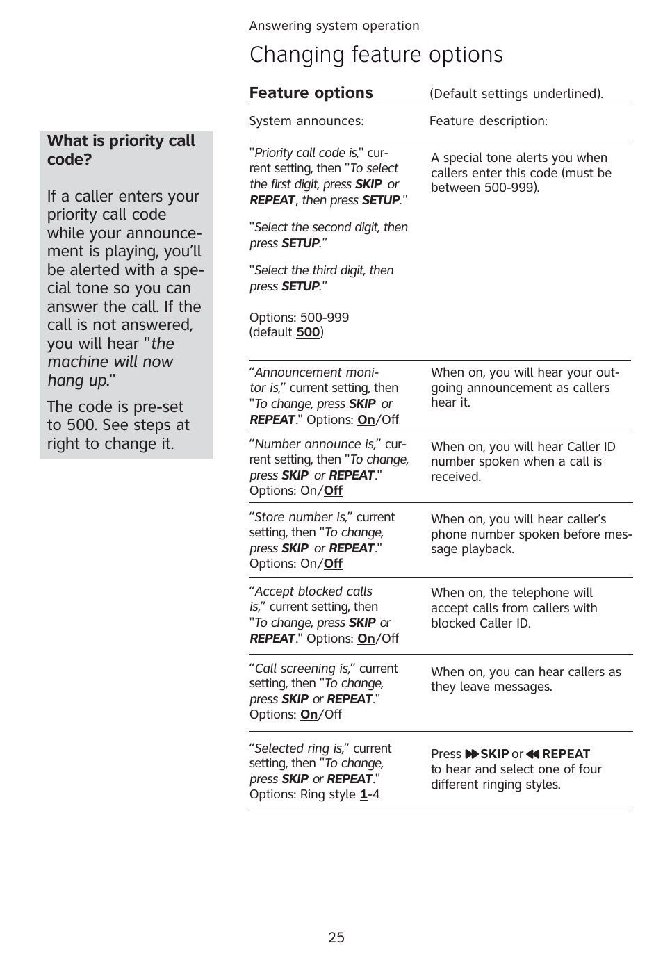 Changing feature options, Feature options | Univex 1856 User Manual | Page 28 / 50