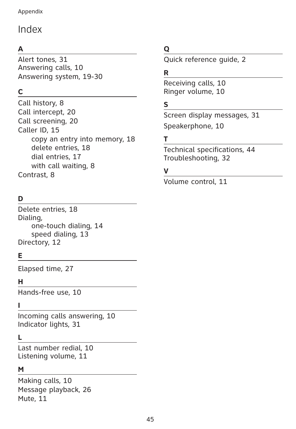 Index | Univex 1856 User Manual | Page 48 / 50