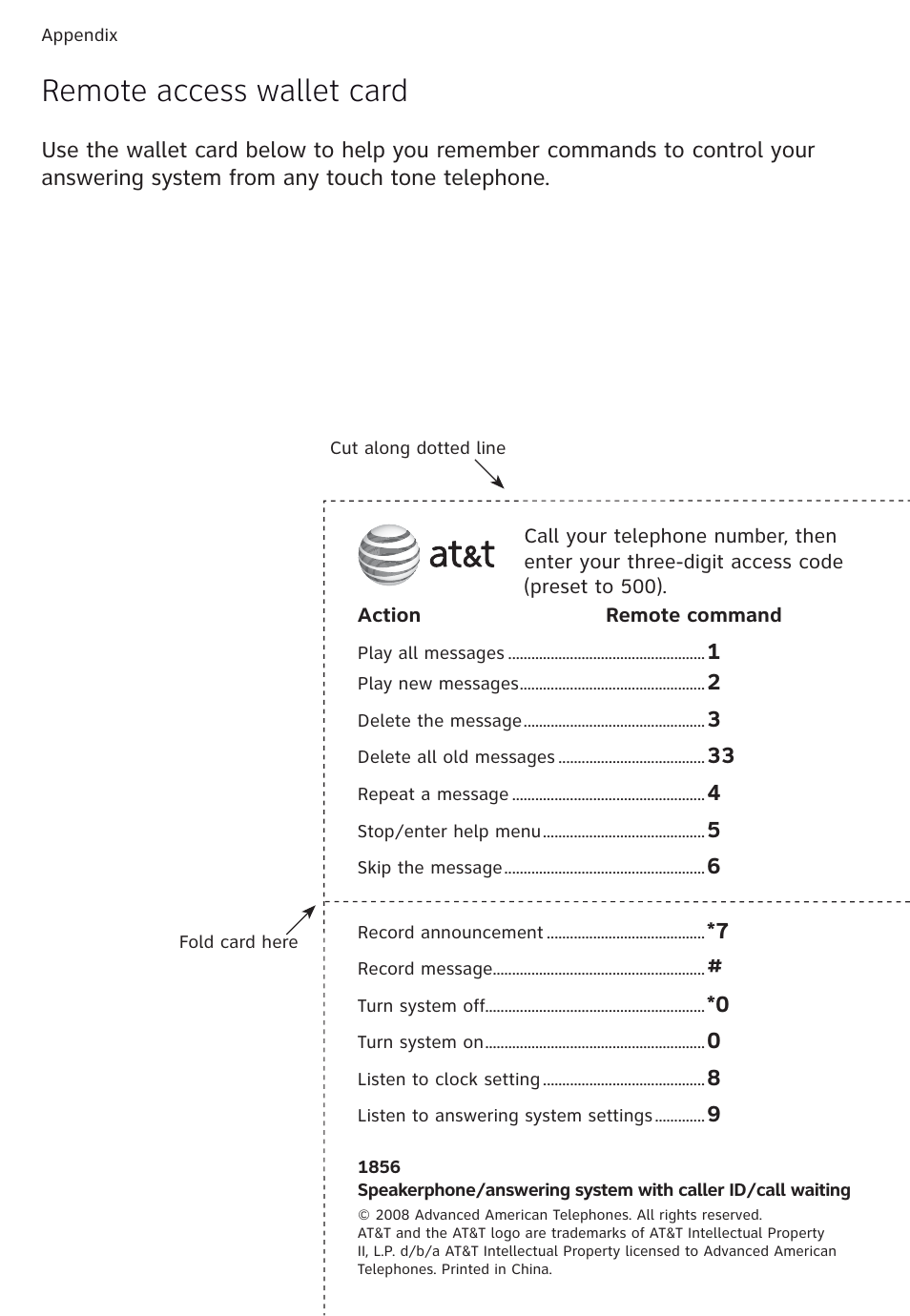 Remote access wallet card | Univex 1856 User Manual | Page 49 / 50