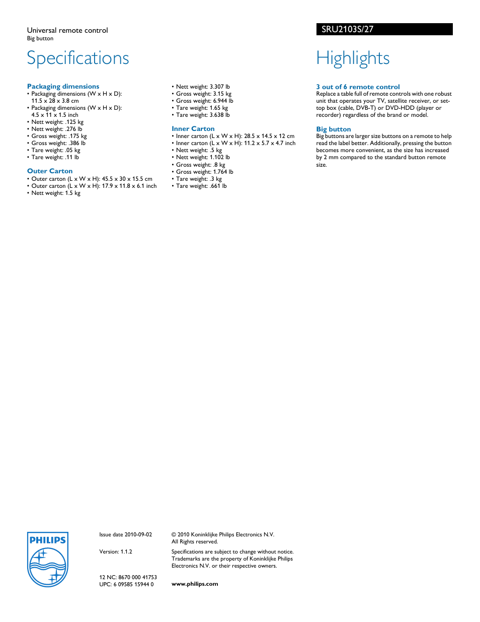 Specifications, Highlights | Univex SRU2103S User Manual | Page 2 / 2