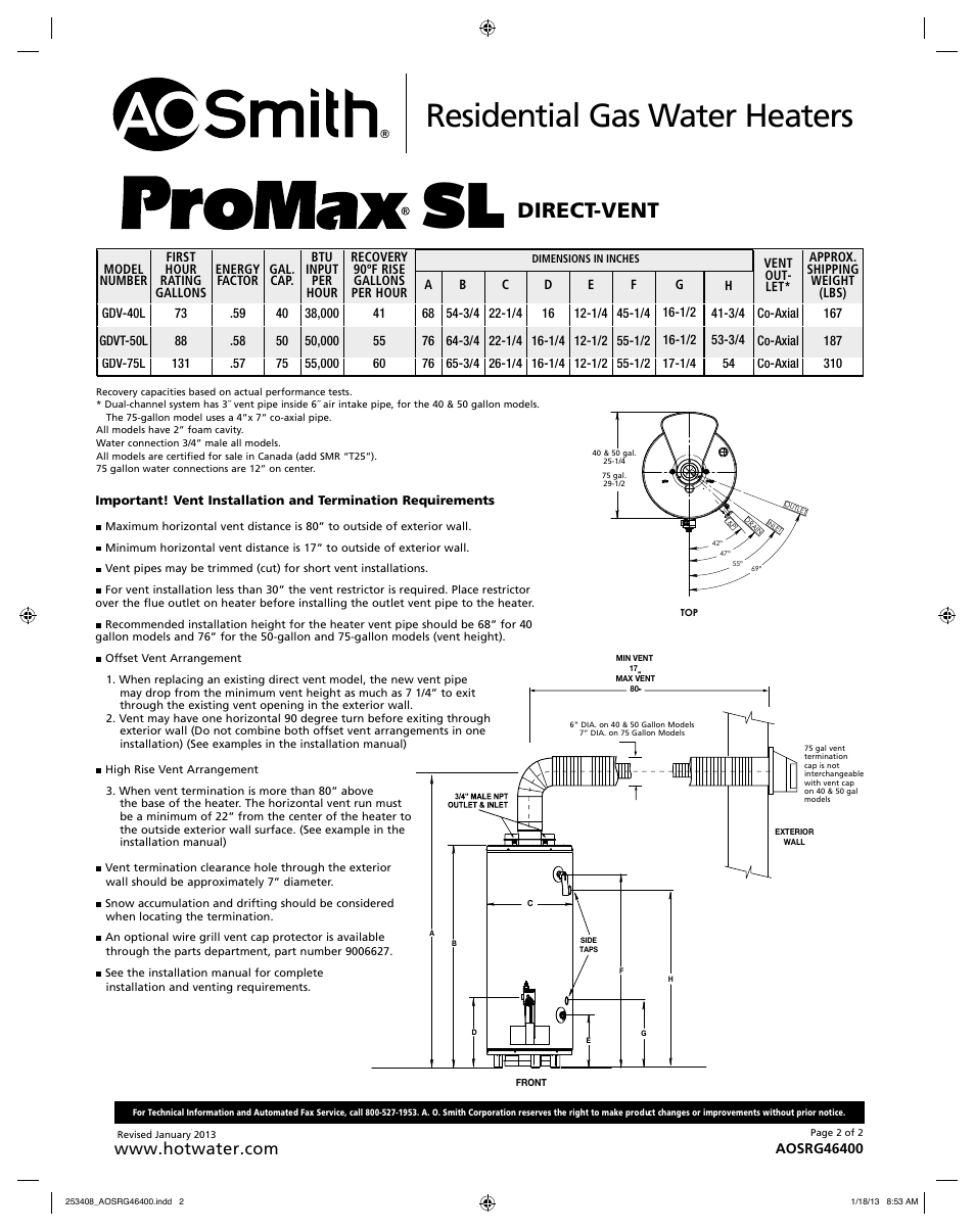 Residential gas water heaters, Direct-vent | Univex ProMax SL User Manual | Page 2 / 2