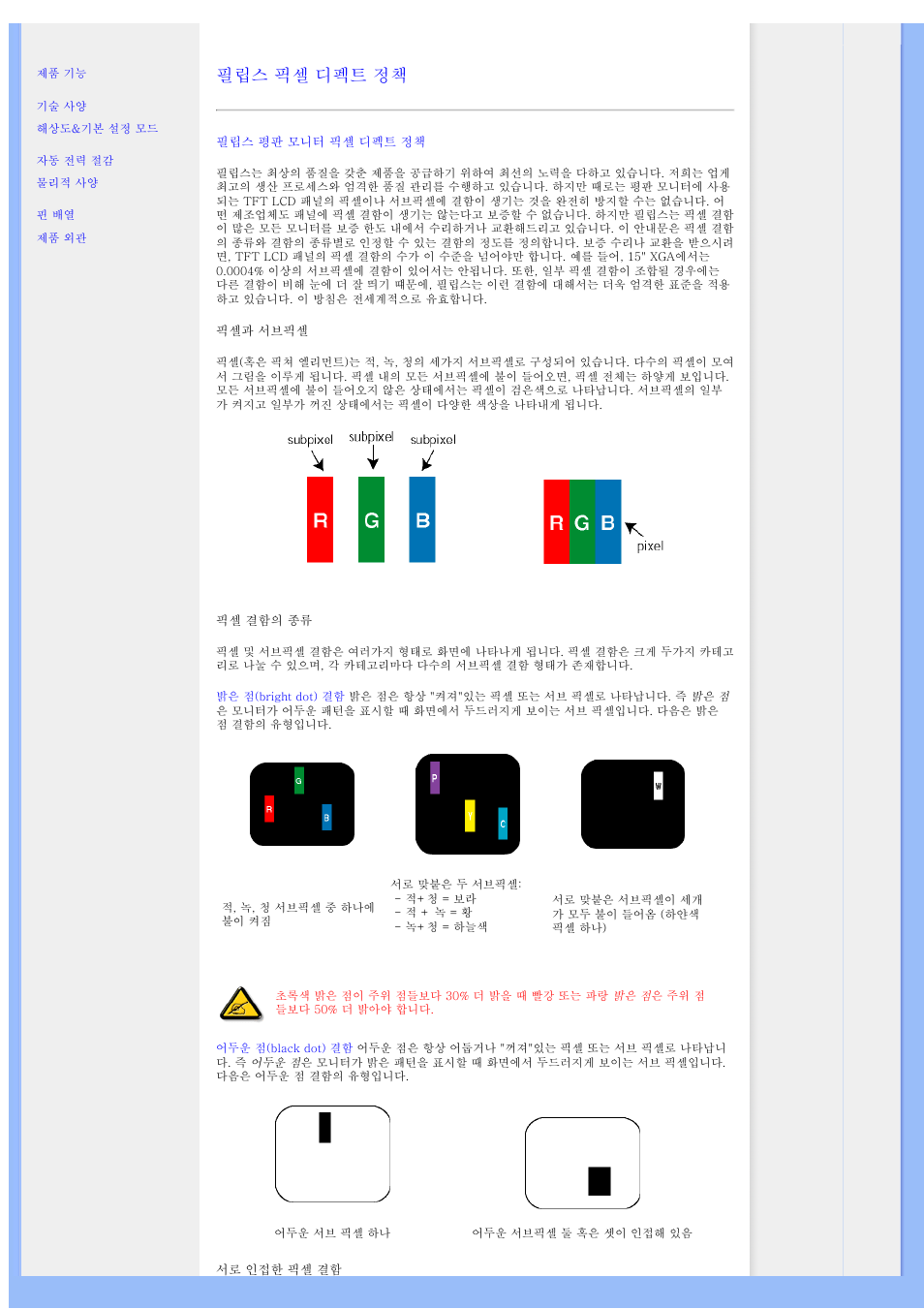 Philips pixel defect policy, 필립스 픽셀 디펙트 정책 | Univex 200BW8 User Manual | Page 25 / 58