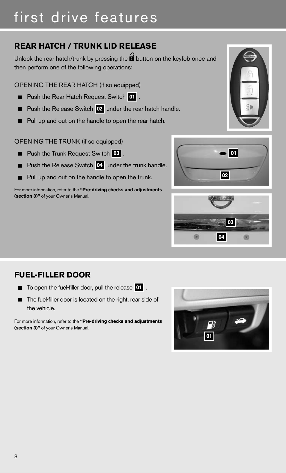 First drive features, Rear hatch / trunk lid release, Fuel-filler door | NISSAN 2011 Versa Sedan - Quick Reference Guide User Manual | Page 10 / 12