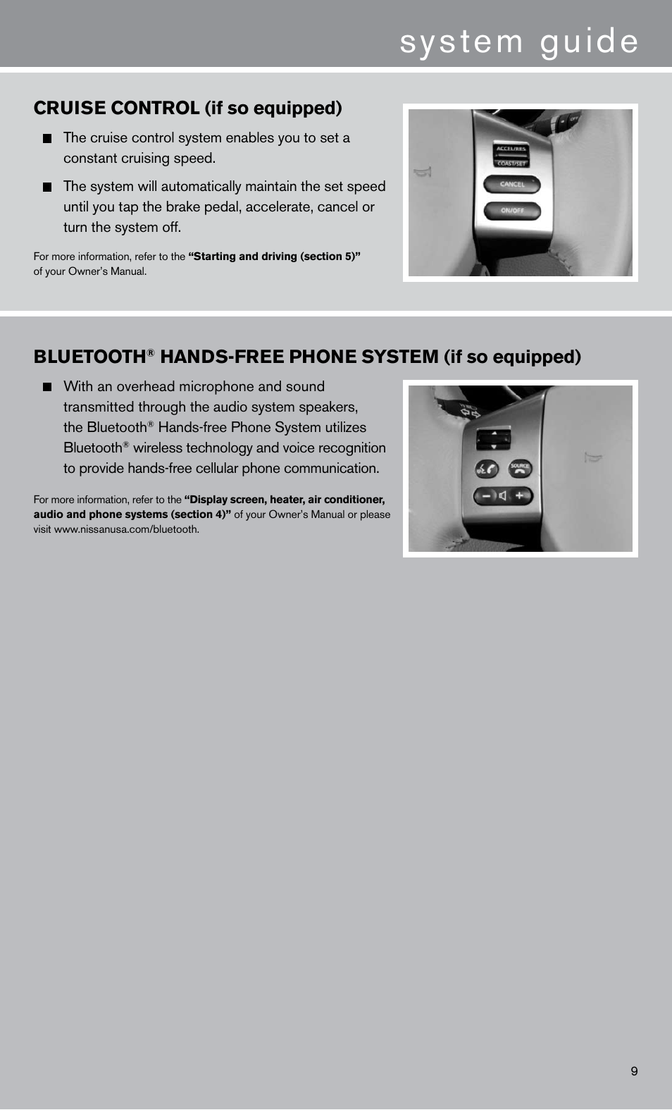 System guide, Bluetooth, Hands-free phone system (if so equipped) | Cruise control (if so equipped) | NISSAN 2011 Versa Sedan - Quick Reference Guide User Manual | Page 11 / 12