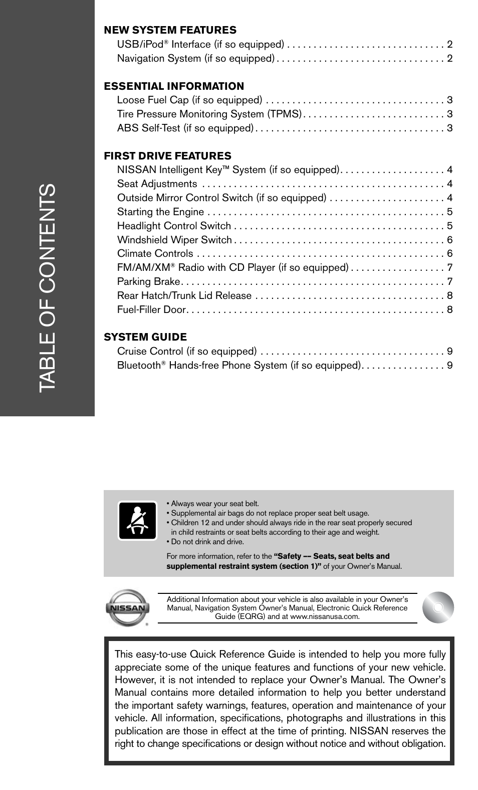 NISSAN 2011 Versa Sedan - Quick Reference Guide User Manual | Page 3 / 12