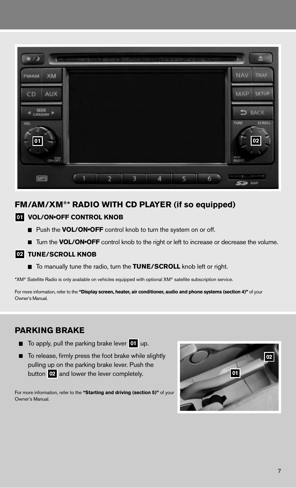 Parking brake, Fm/am/xm, Radio with cd player (if so equipped) | NISSAN 2011 Versa Sedan - Quick Reference Guide User Manual | Page 9 / 12