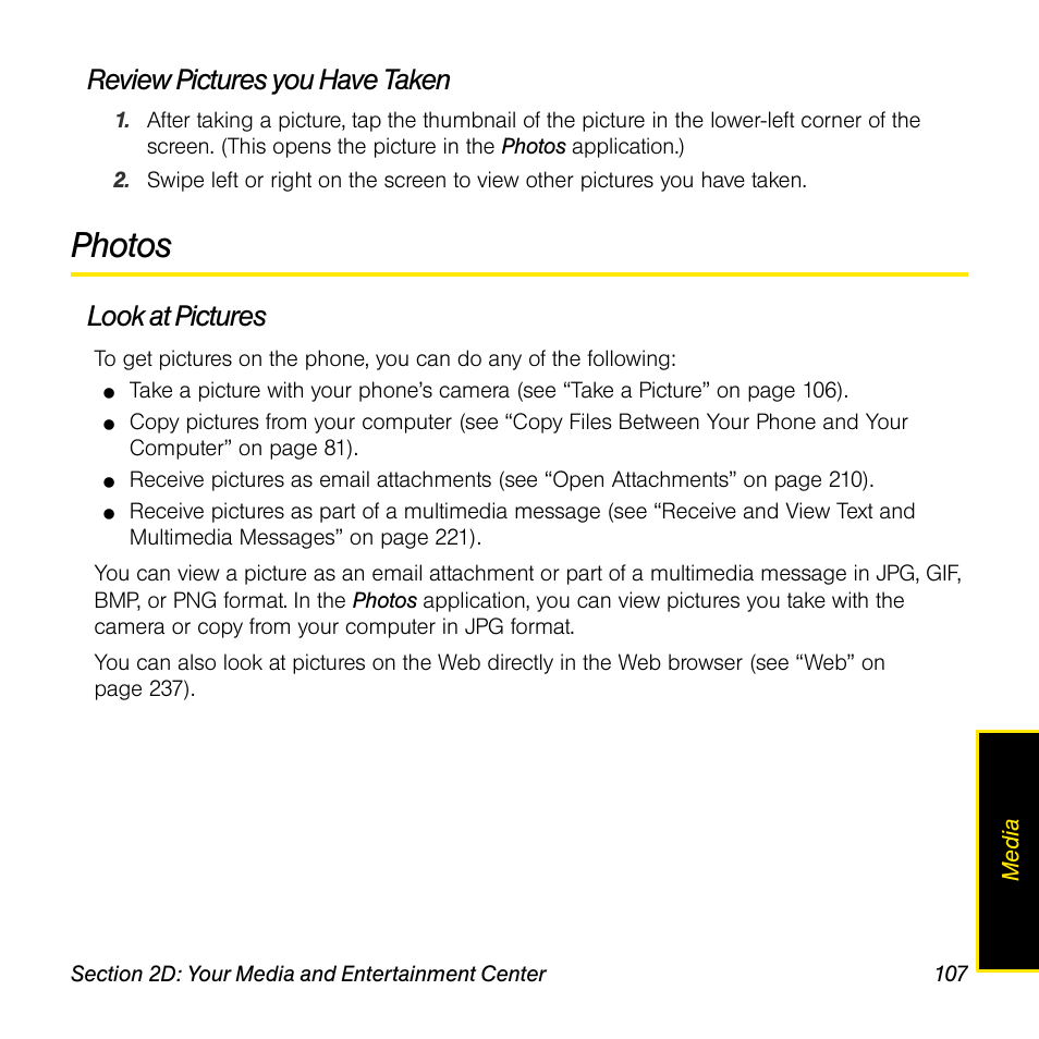 Review pictures you have taken, Photos, Look at pictures | Univex Pre p100eww User Manual | Page 107 / 344