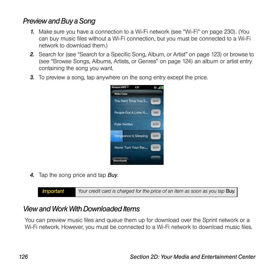 Preview and buy a song, View and work with downloaded items | Univex Pre p100eww User Manual | Page 126 / 344