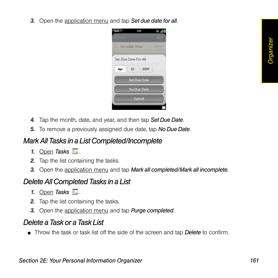 Mark all tasks in a list completed/incomplete, Delete all completed tasks in a list, Delete a task or a task list | Univex Pre p100eww User Manual | Page 161 / 344