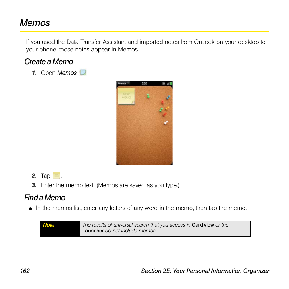 Memos, Create a memo, Find a memo | Univex Pre p100eww User Manual | Page 162 / 344