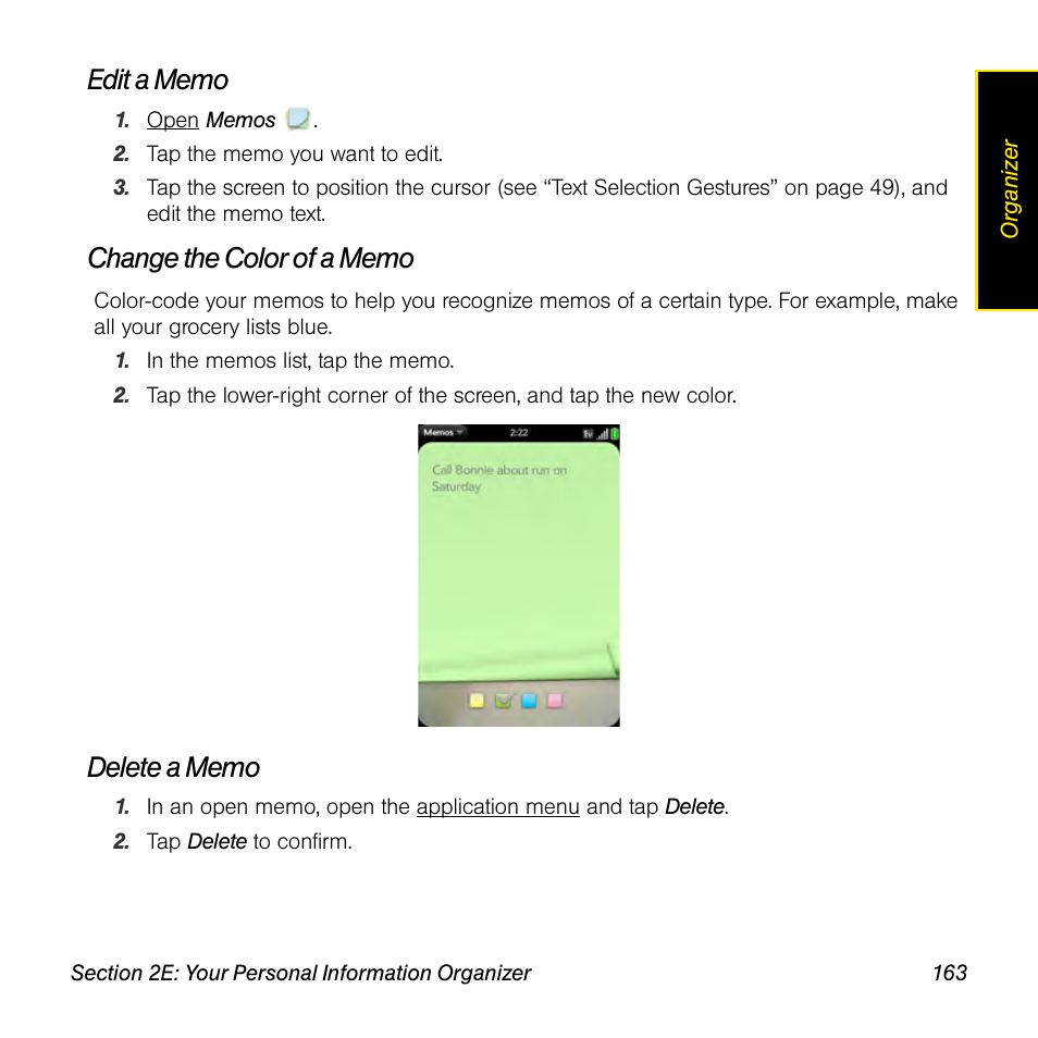 Edit a memo, Change the color of a memo, Delete a memo | Univex Pre p100eww User Manual | Page 163 / 344