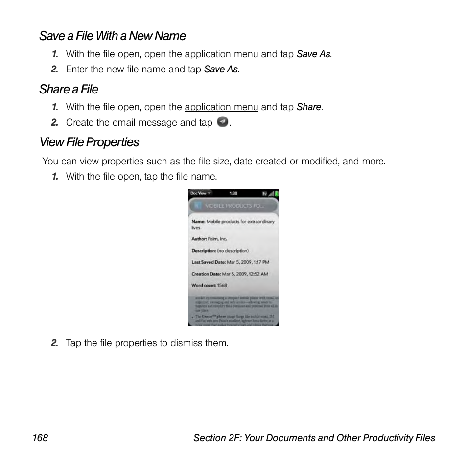Save a file with a new name, Share a file, View file properties | Univex Pre p100eww User Manual | Page 168 / 344