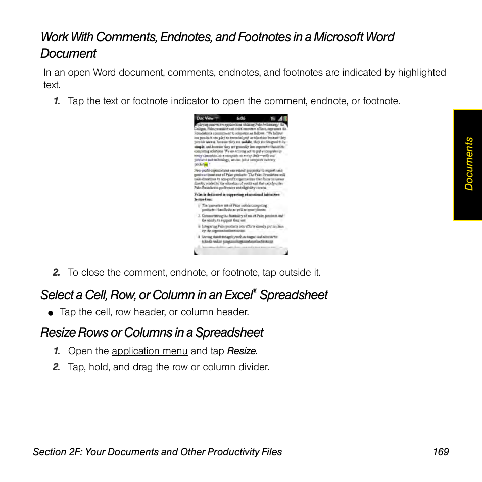 Resize rows or columns in a spreadsheet, Select a cell, row, or column in an excel, Spreadsheet | Univex Pre p100eww User Manual | Page 169 / 344