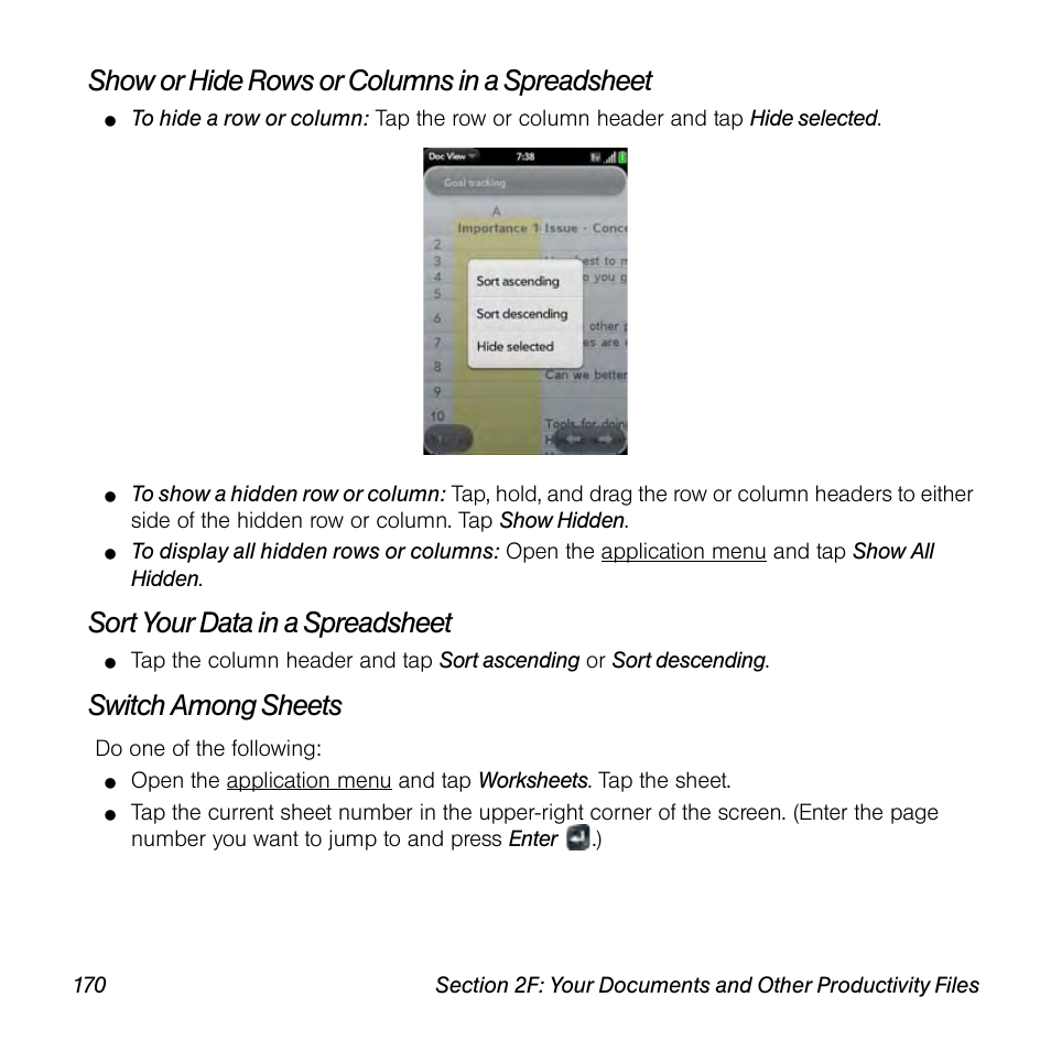 Show or hide rows or columns in a spreadsheet, Sort your data in a spreadsheet, Switch among sheets | Univex Pre p100eww User Manual | Page 170 / 344