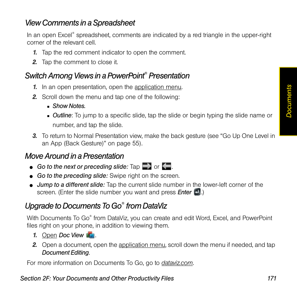 View comments in a spreadsheet, Switch among views in a powerpoint® presentation, Move around in a presentation | Upgrade to documents to go® from dataviz, Switch among views in a powerpoint, Presentation, Upgrade to documents to go | Univex Pre p100eww User Manual | Page 171 / 344