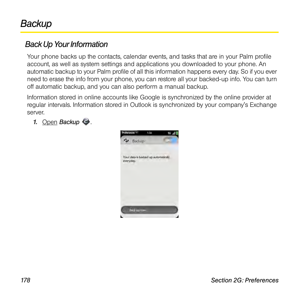 Backup, Back up your information | Univex Pre p100eww User Manual | Page 178 / 344