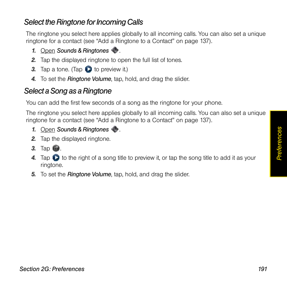 Select the ringtone for incoming calls, Select a song as a ringtone | Univex Pre p100eww User Manual | Page 191 / 344
