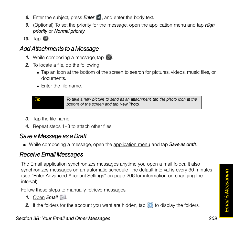 Add attachments to a message, Save a message as a draft, Receive email messages | Univex Pre p100eww User Manual | Page 209 / 344