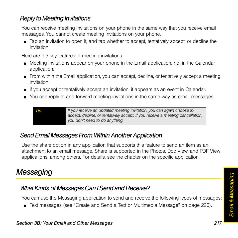 Reply to meeting invitations, Messaging, What kinds of messages can i send and receive | Univex Pre p100eww User Manual | Page 217 / 344