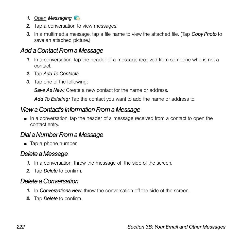 Add a contact from a message, View a contact’s information from a message, Dial a number from a message | Delete a message, Delete a conversation | Univex Pre p100eww User Manual | Page 222 / 344