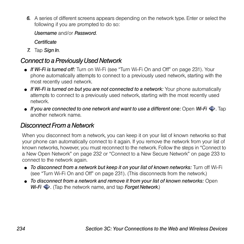 Connect to a previously used network, Disconnect from a network | Univex Pre p100eww User Manual | Page 234 / 344