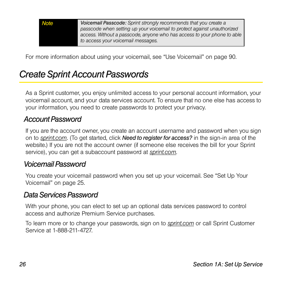 Create sprint account passwords, Account password, Voicemail password | Data services password | Univex Pre p100eww User Manual | Page 26 / 344