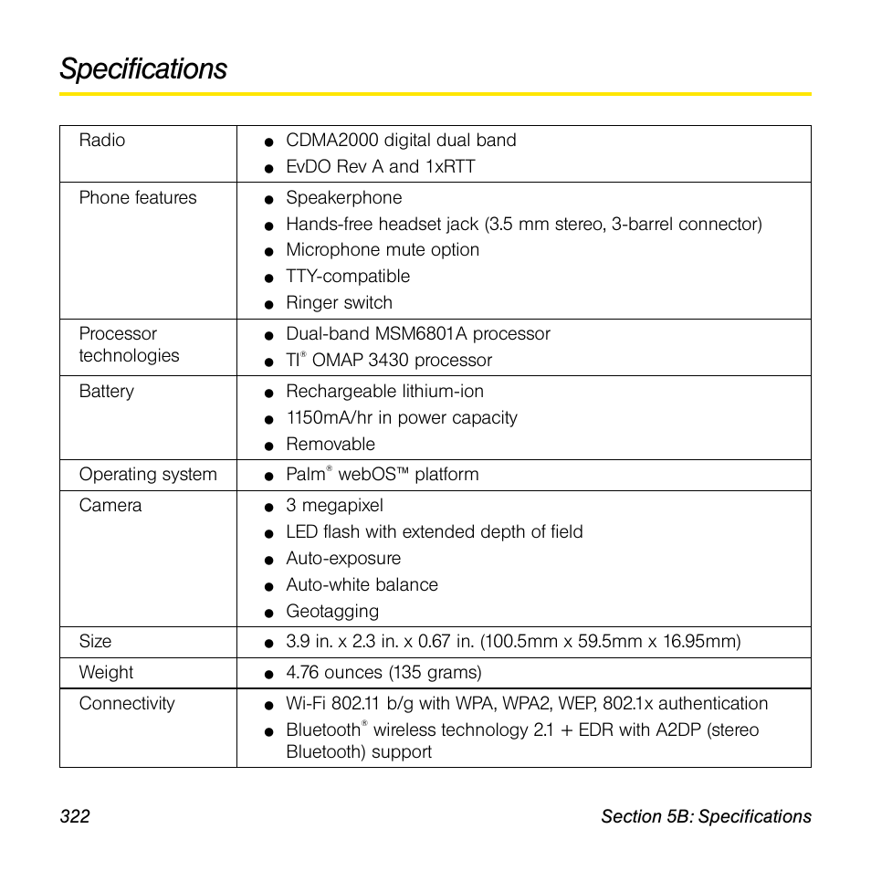 Specifications, Radio, Cdma2000 digital dual band | Evdo rev a and 1xrtt phone features, Speakerphone, Microphone mute option, Tty-compatible, Ringer switch processor technologies, Dual-band msm6801a processor, Omap 3430 processor battery | Univex Pre p100eww User Manual | Page 322 / 344