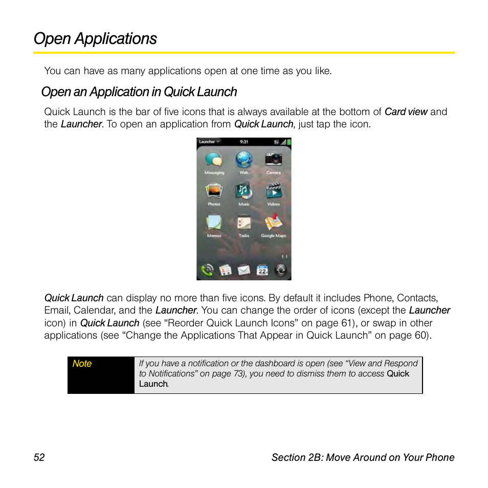 Open applications, Open an application in quick launch, Open | Univex Pre p100eww User Manual | Page 52 / 344