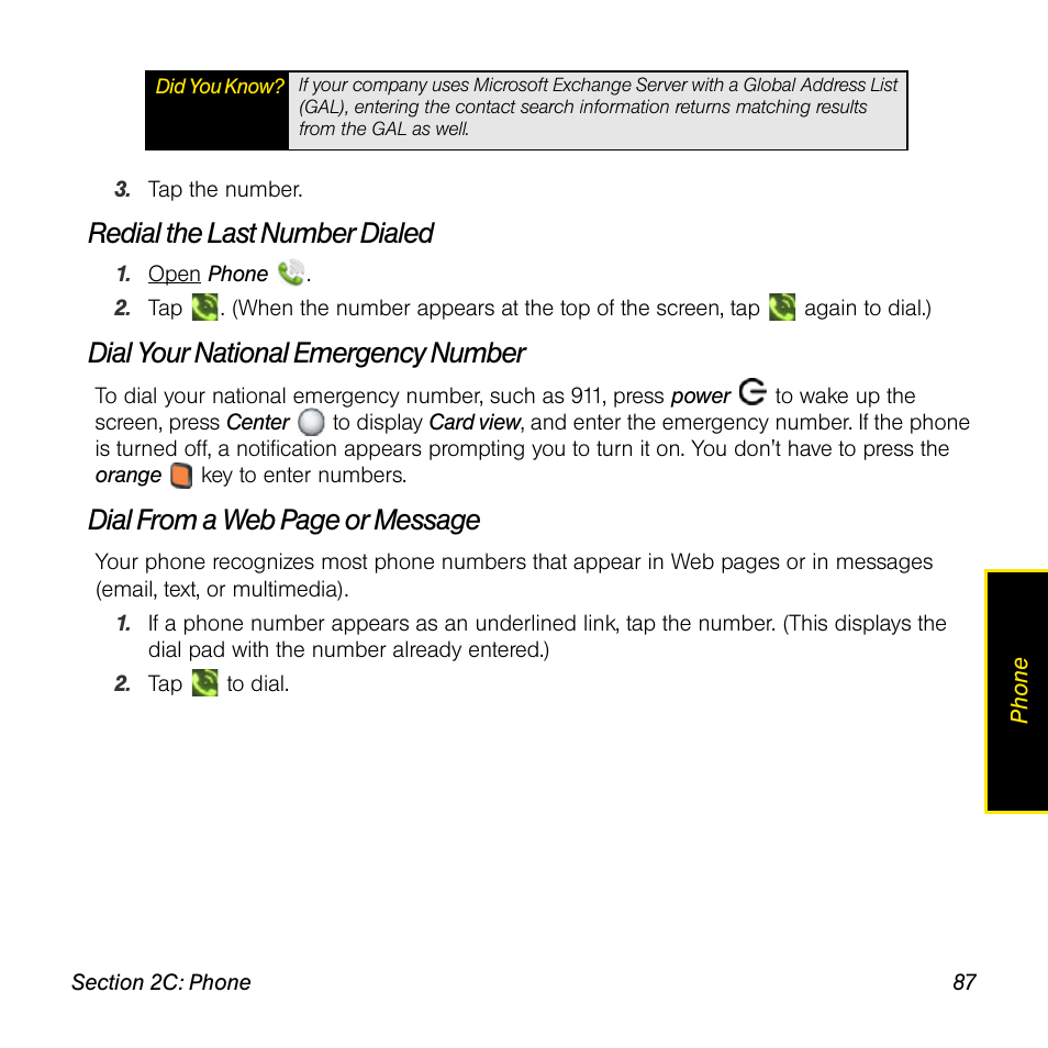 Redial the last number dialed, Dial your national emergency number, Dial from a web page or messag e | Univex Pre p100eww User Manual | Page 87 / 344