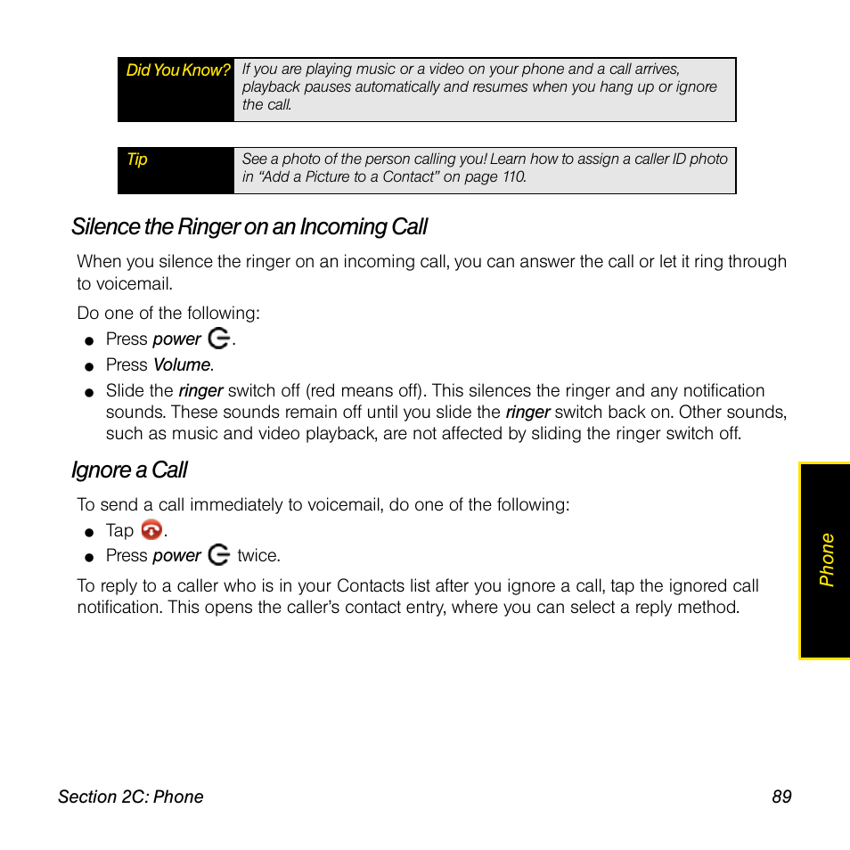 Silence the ringer on an incoming call, Ignore a call | Univex Pre p100eww User Manual | Page 89 / 344