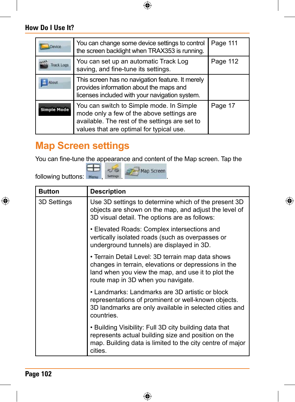Map screen settings | Univex TRAX353 User Manual | Page 102 / 132