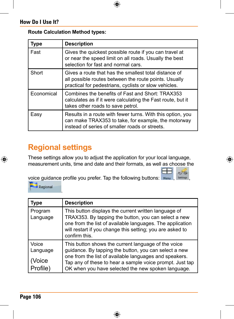 Regional settings, Voice profile) | Univex TRAX353 User Manual | Page 106 / 132